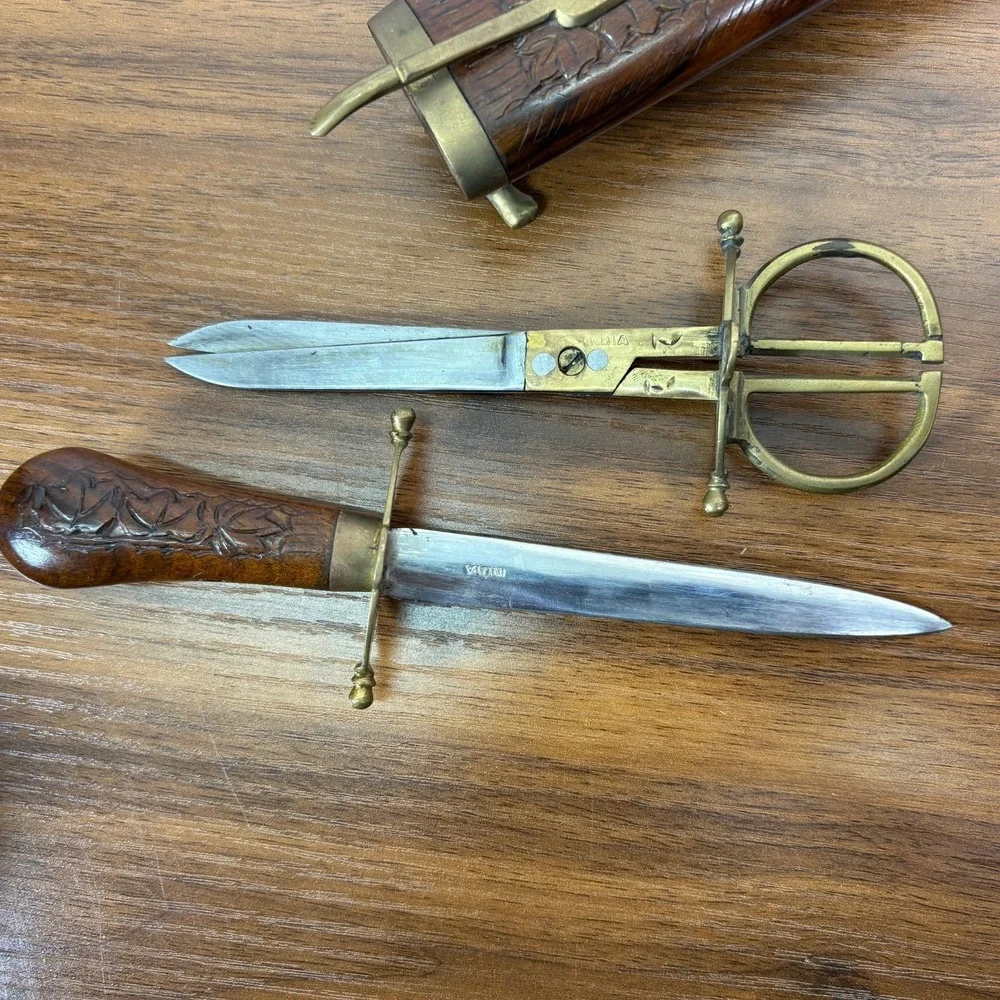 VINTAGE India Hand Carved Wood and Brass Letter Opener Scissors and Knife Set